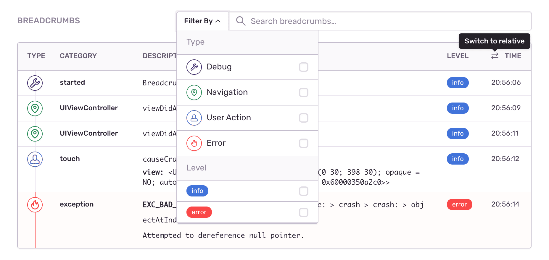 Sentry breadcrumbs showing user actions leading up to an error