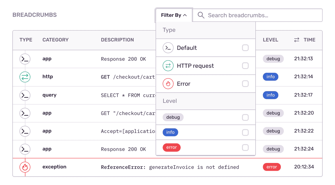 Breadcrumbs showing error context