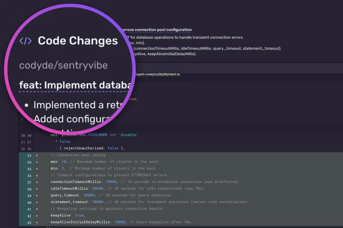 Code diff view showing new configurations added to prevent database timeout errors, including connection pool sizing, timeouts for idle connections and queries, and keepalive settings in client.ts.