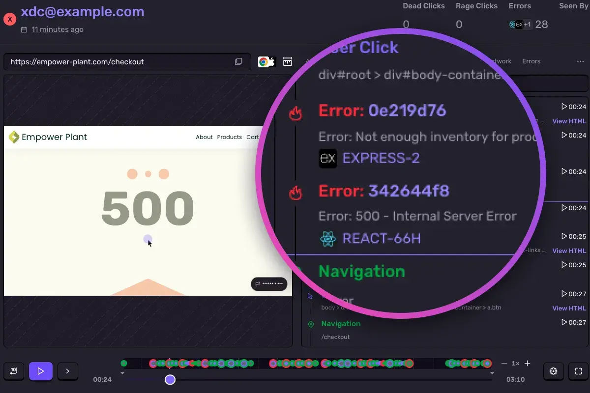 Sentry Session Replay showing a user session on empower-plant.com with clicks, navigation, and two key errors during checkout: out-of-stock and 500 server error.